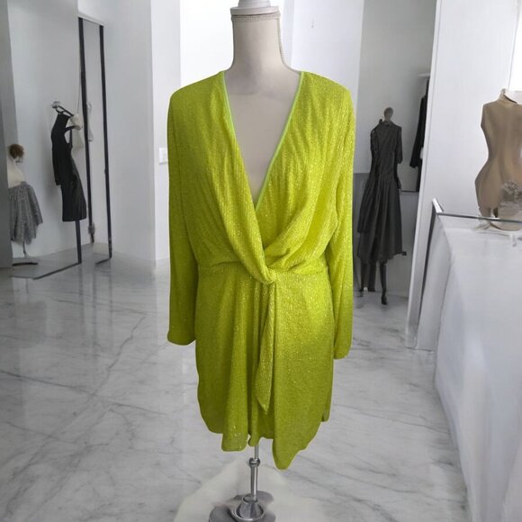 PRETTY LITTLE THING Neon Lime Sequin Wrap Dress Size US Large NEW NWT - Picture 1 of 10